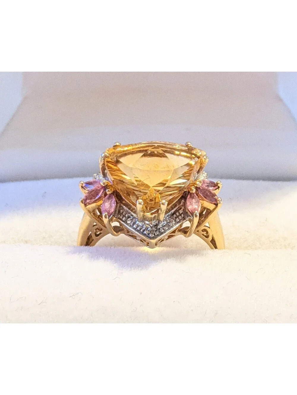 VTG Trillion Cut Citrine And Pink Tourmaline Fancy 10K Gold Cocktail Ring Size 8